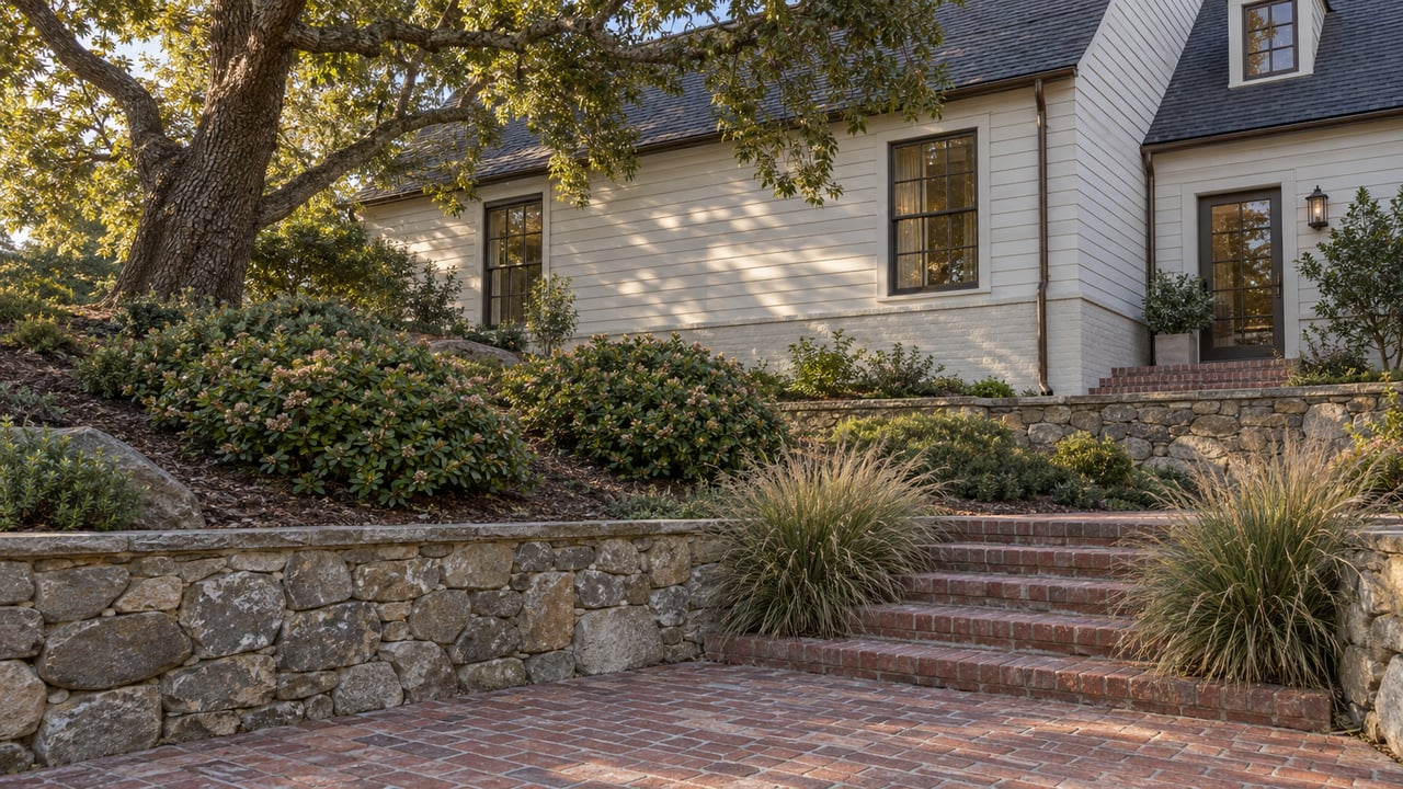 Stone retaining walls and brick steps terrace a planted slope up to a limewashed house beneath an oak.