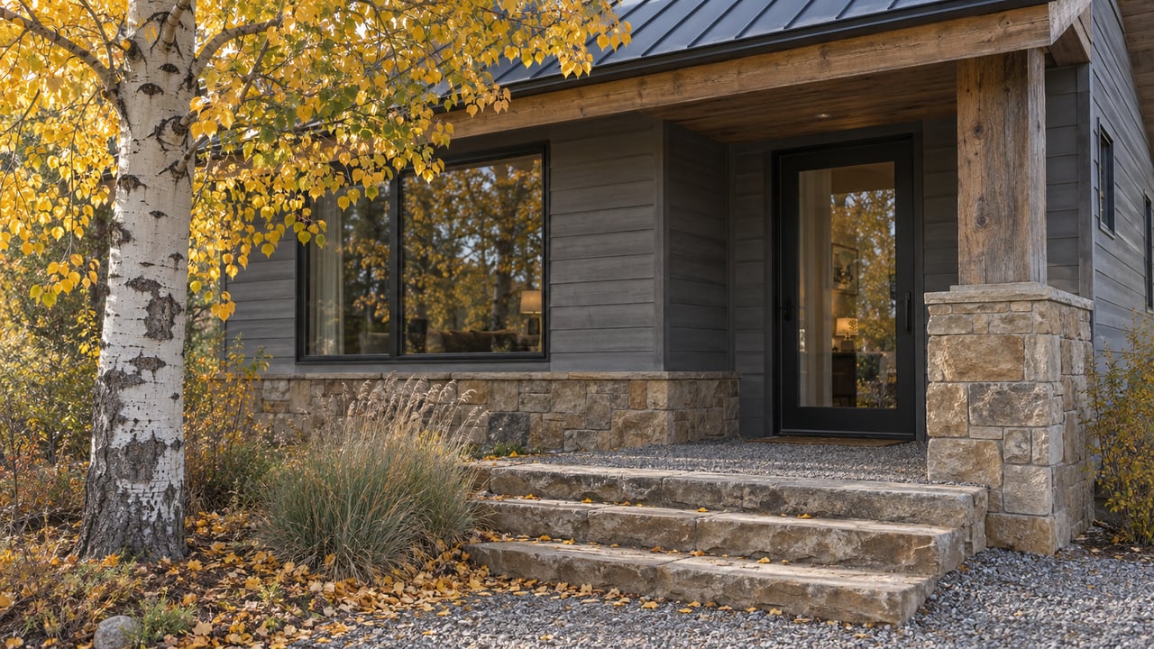 Gray-sided rural home with a recessed glass entry, sandstone steps, and a yellow-leaved aspen tree.