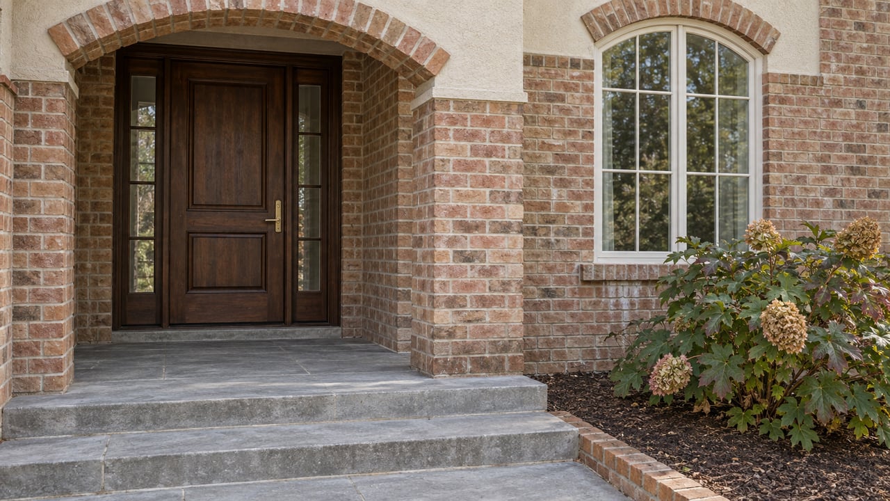 Brick home entrance with an arched doorway, dark wood door, and broad stone steps.