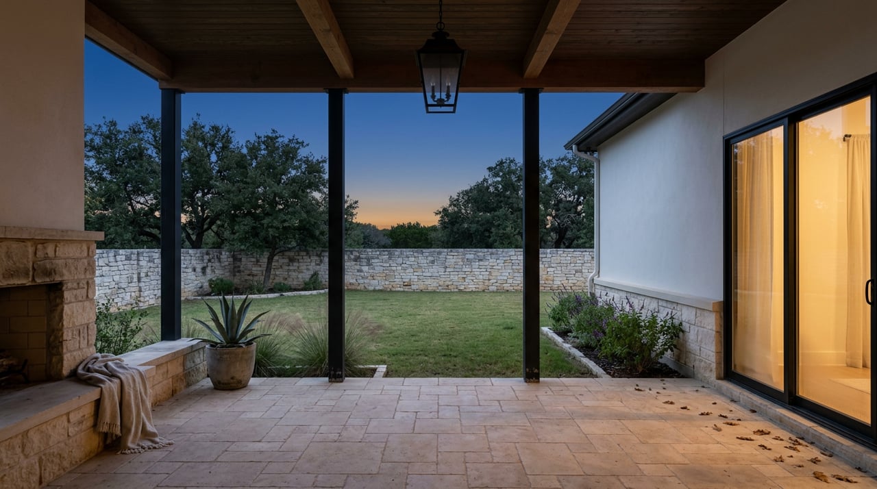 Covered patio with limestone pavers opens onto a walled lawn beneath mature oak trees at dusk.