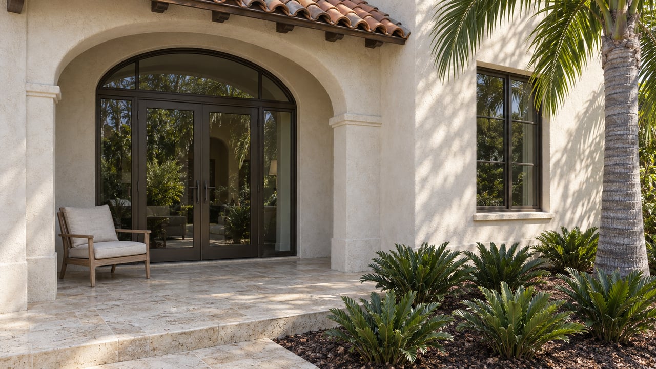 Cream stucco veranda with arched glass doors, terracotta tiles, limestone steps and a specimen palm beside cycads.