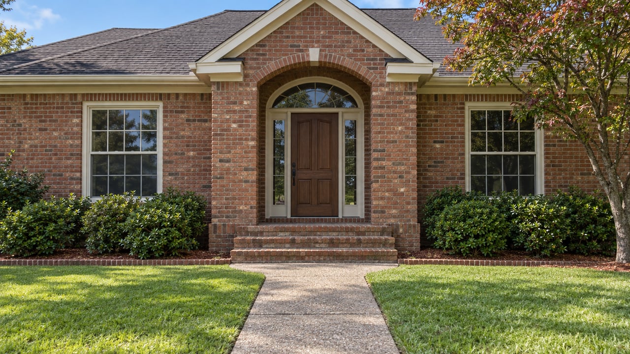 A red-brown brick home with an arched entry transom, paired ivory-trimmed windows, a broad green lawn and a dogwood beside the porch.