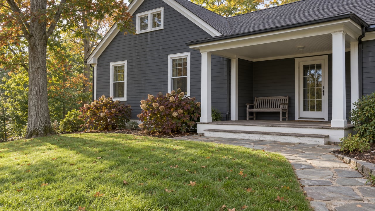 Charcoal-sided gabled house with a covered porch, weathered stone approach, and broad autumn lawn beneath mature trees.