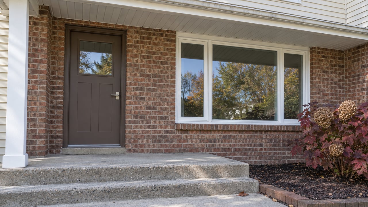 Close view of a brick home's recessed brown front door, white-framed window and concrete steps beside autumn oakleaf hydrangea.
