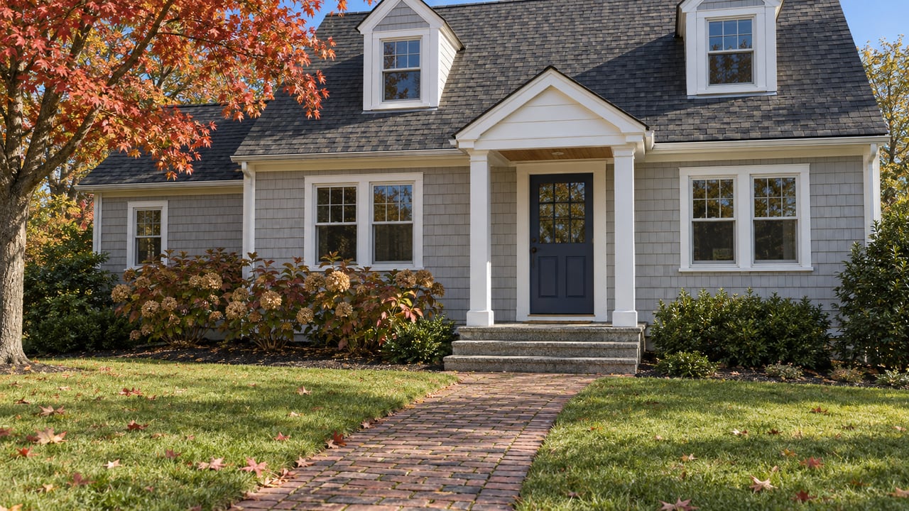 Pale-gray shingled house with a navy entry door, brick walk, granite steps and red-orange maple leaves across the front lawn.