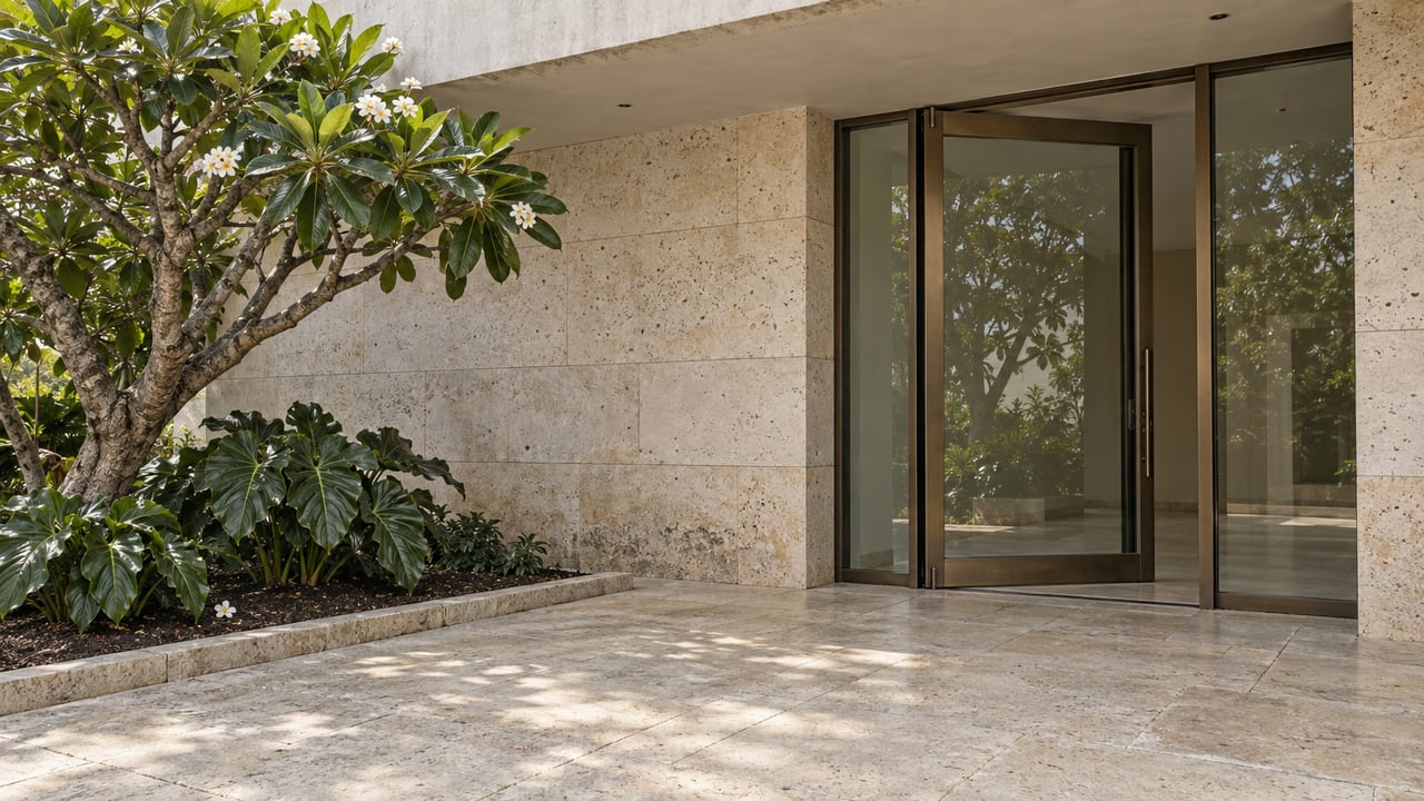 A shaded contemporary villa entrance with bronze-framed glass, pale limestone paving and a sculptural white-flowering tree.