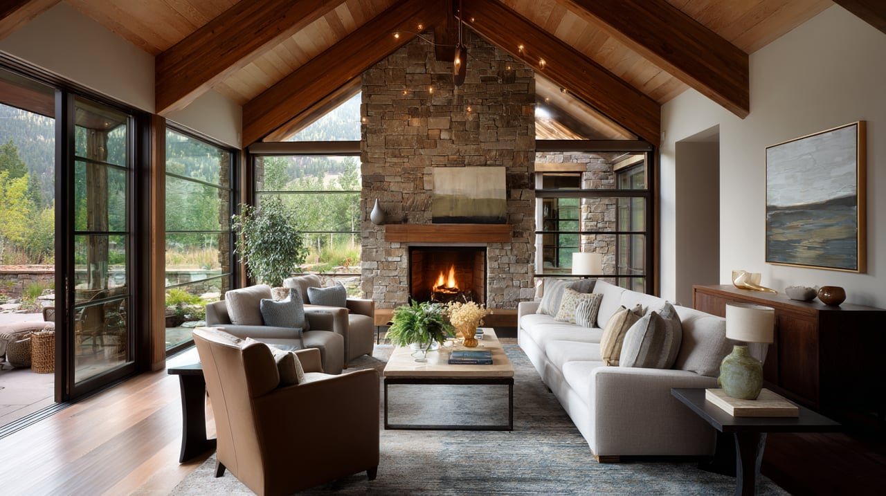 Living room with a vaulted wood ceiling, stone fireplace, and large windows overlooking mountain scenery.