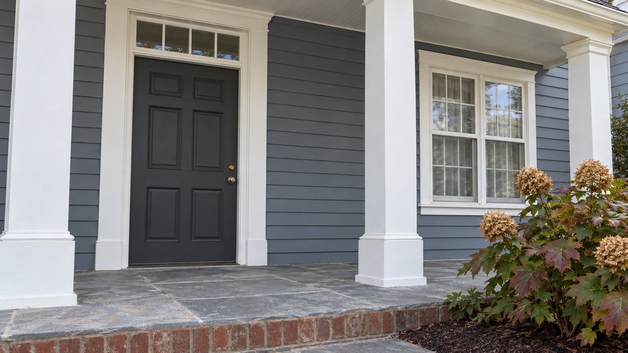 Blue-gray clapboard entry with white porch columns, a charcoal door, stone paving and an oakleaf hydrangea beside a brick-edged bed.