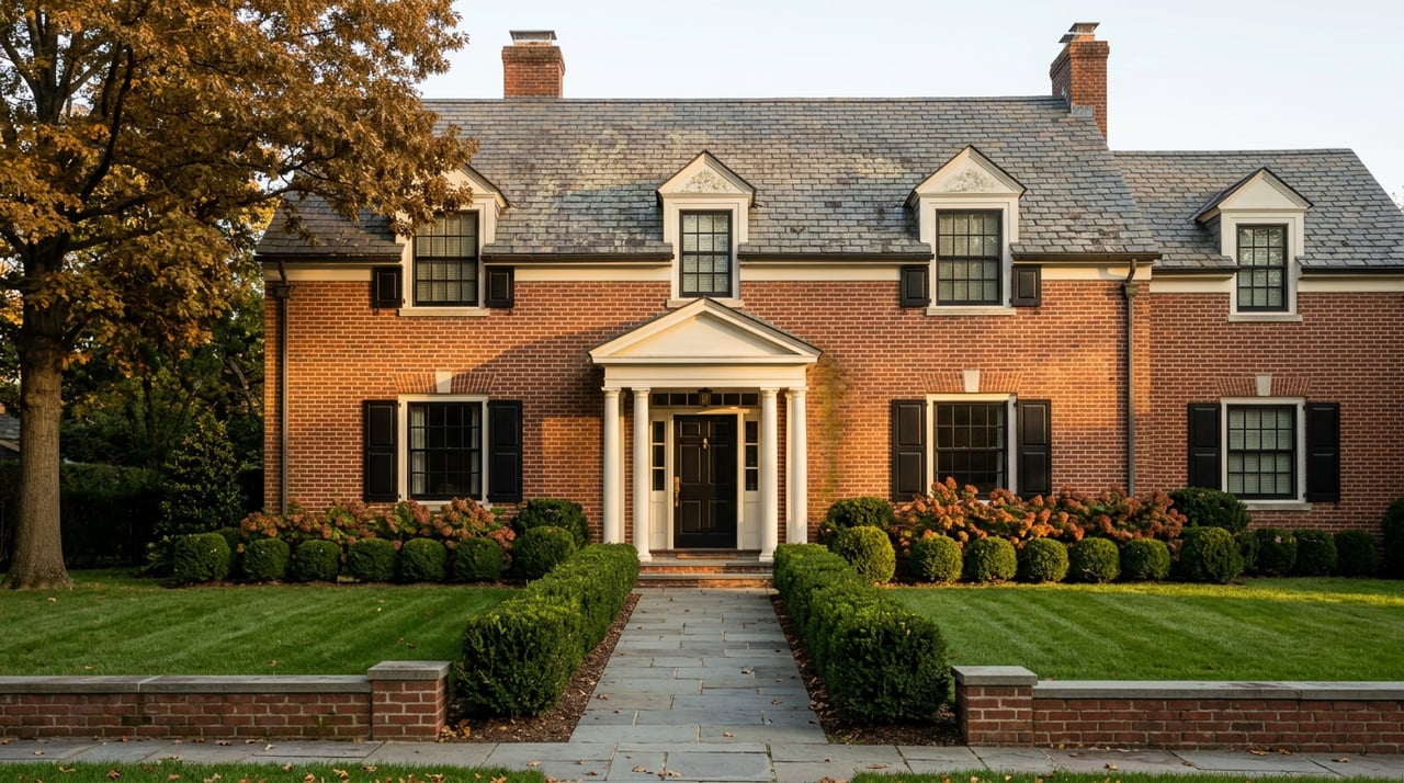 Symmetrical red-brick home with white columns, black shutters, and a bluestone walk through a deep lawn.