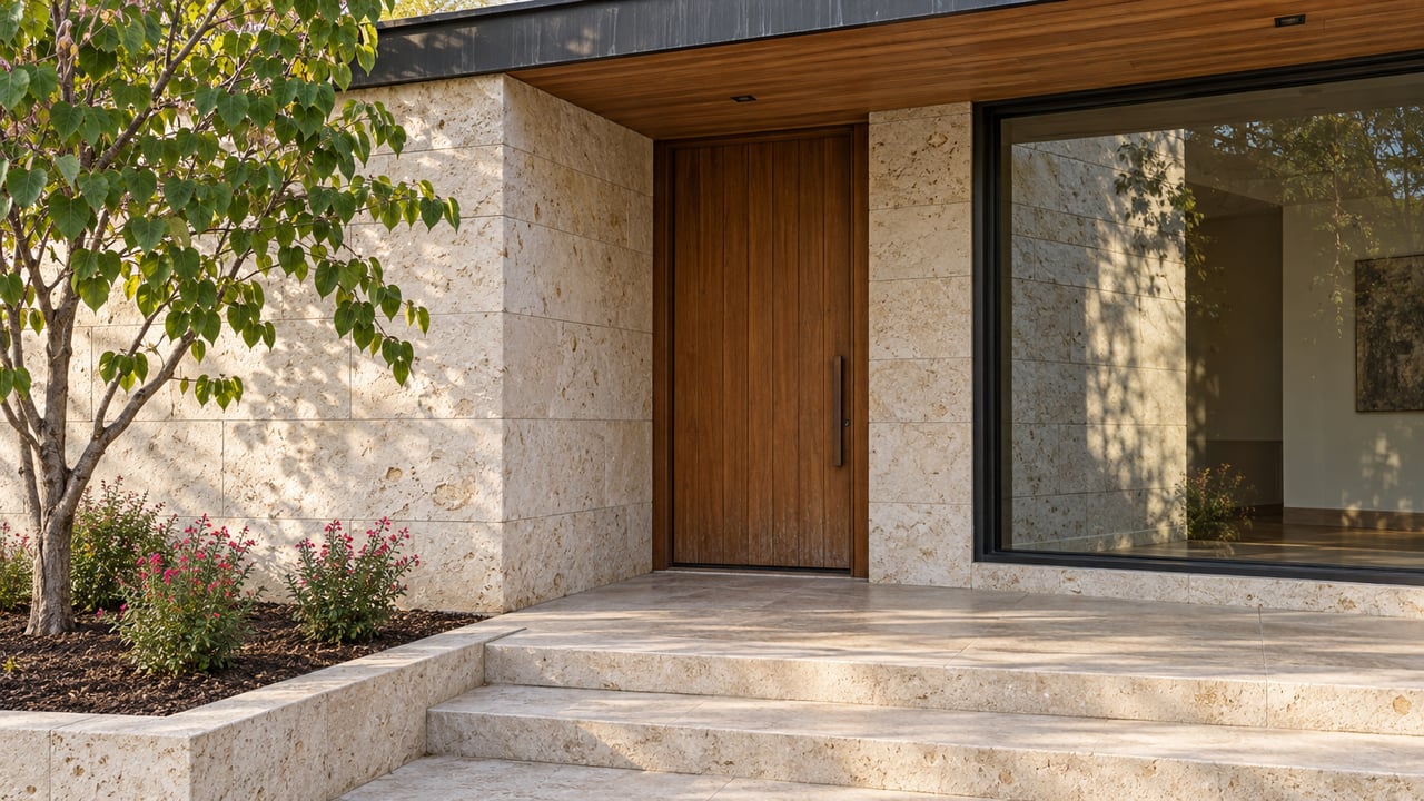 Sunlit limestone steps lead to a recessed wood front door beneath a wood soffit, beside dark-framed glazing and a small planted bed.