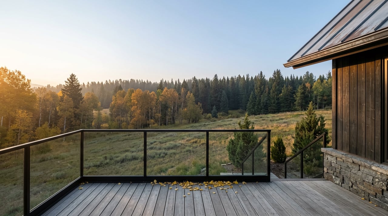 Raised deck overlooks a golden autumn meadow and dense tree line, with glass railing and dark cedar siding.