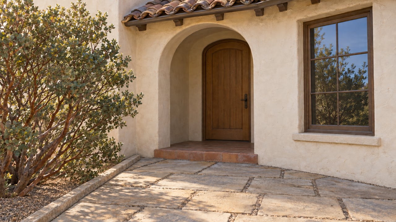 Sandstone paver walk beside a granite planting bed, separated by a low stone curb near an arched entry.