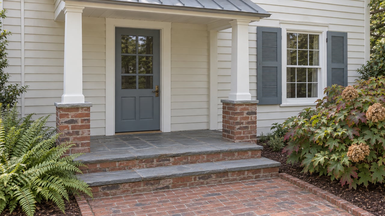 Weathered white clapboard cottage entry with a blue-gray glazed door, slate steps, brick approach and oakleaf hydrangea.