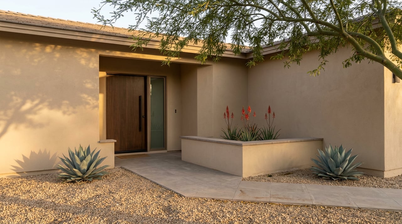 Recessed stucco entry with a dark wood door, paver walkway, agaves, and a flowering desert tree.