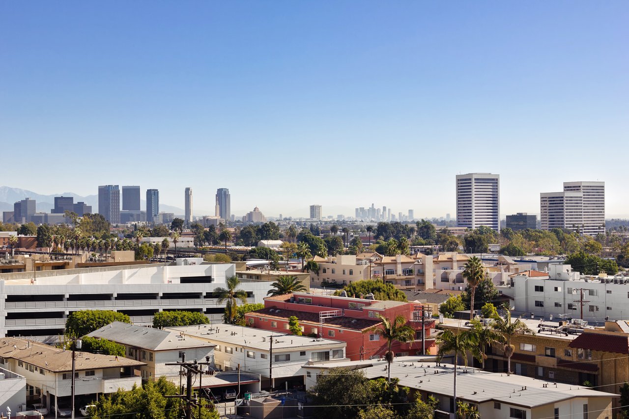 East Los Angeles rooftops and palm trees with the downtown skyline in the distance.