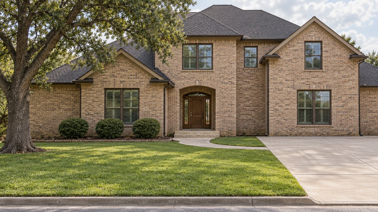 A substantial buff-brick home behind a deep lawn, with a mature spreading oak, curved concrete walk, and broad driveway.