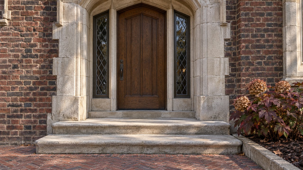 Historic brick home entrance with a pointed limestone surround, oak door, paired leaded-glass windows, and burgundy oakleaf hydrangea beside worn stone steps.