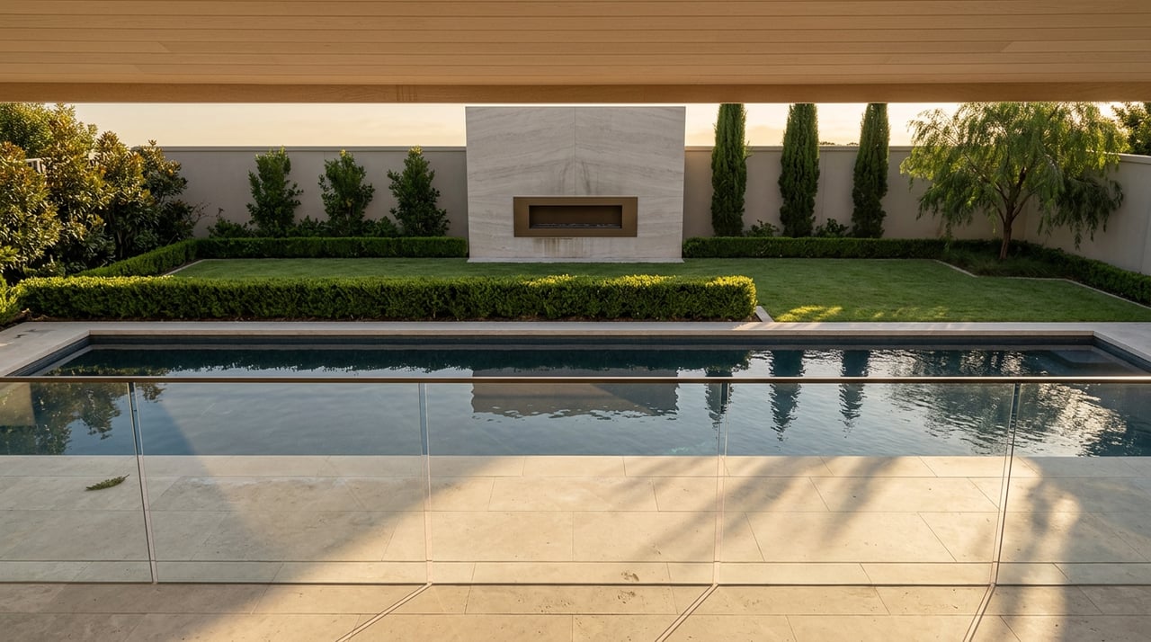 Pool terrace with dark blue-grey water, pale stone fireplace wall, clipped hedge and columnar cypress.