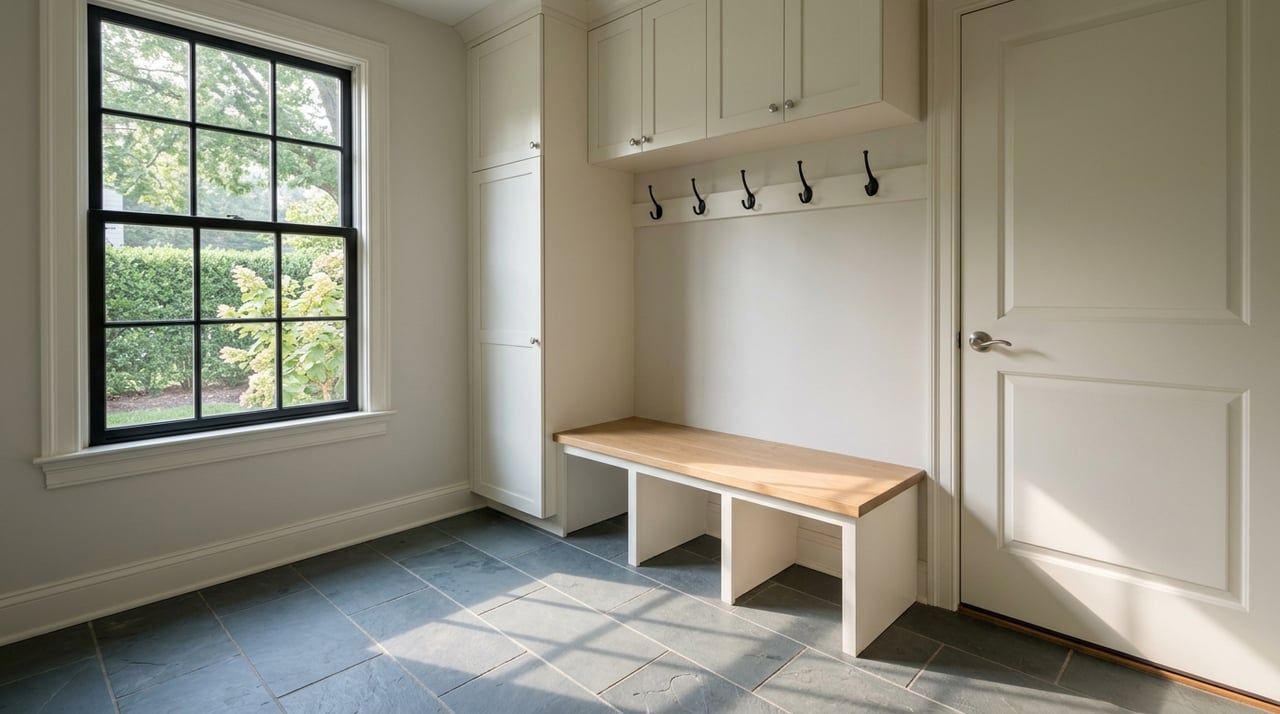 Mudroom built-ins beside a door and window overlooking a hedge and tree canopy.
