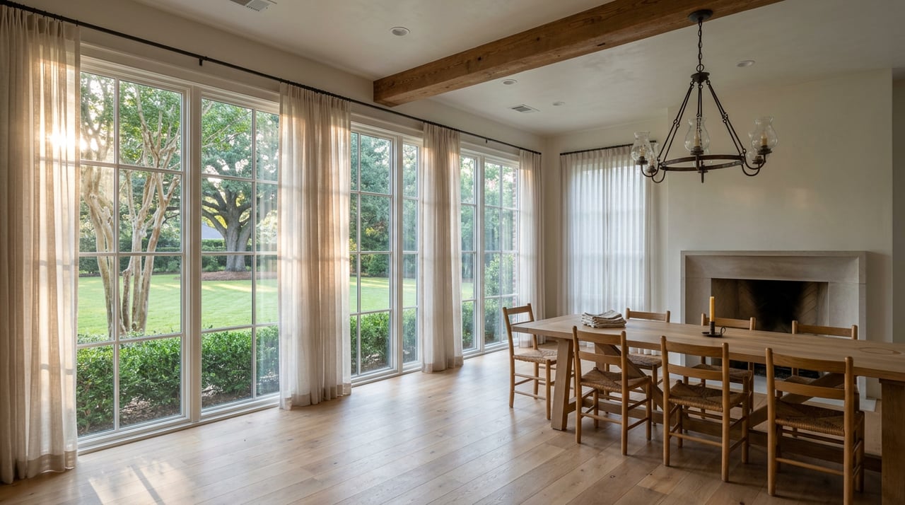 Clubhouse lounge with a trestle dining table, limestone fireplace, and sunlit windows overlooking an oak-shaded lawn.