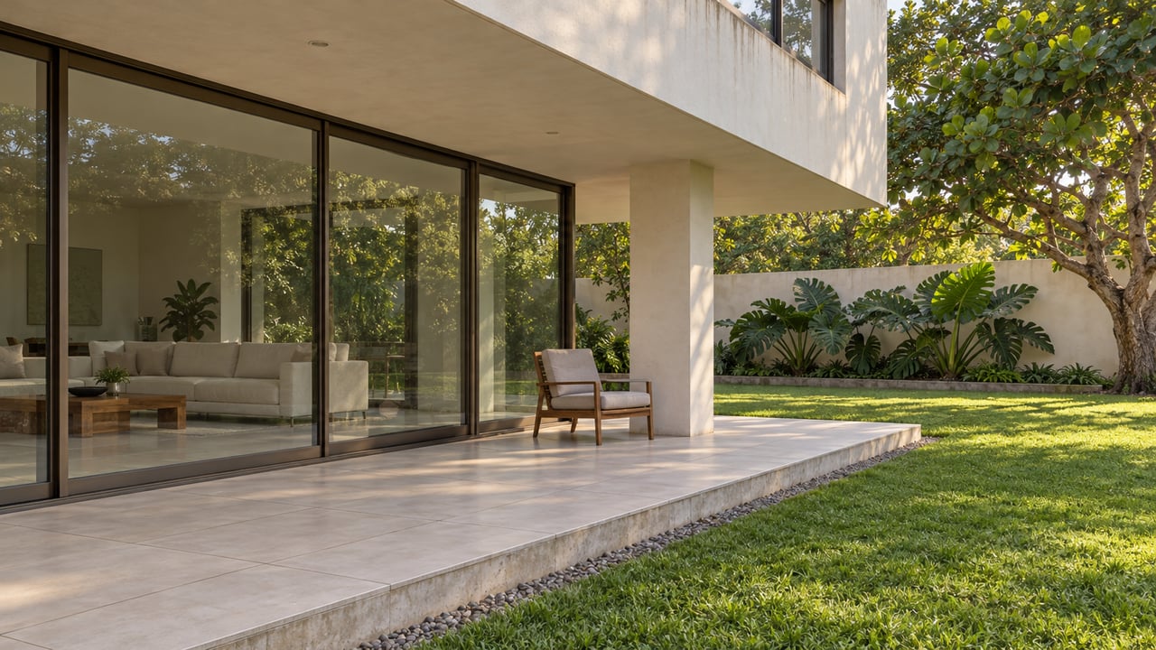 Cream flat-roof home with bronze-framed glazing, a shaded tiled terrace and a tropical garden.