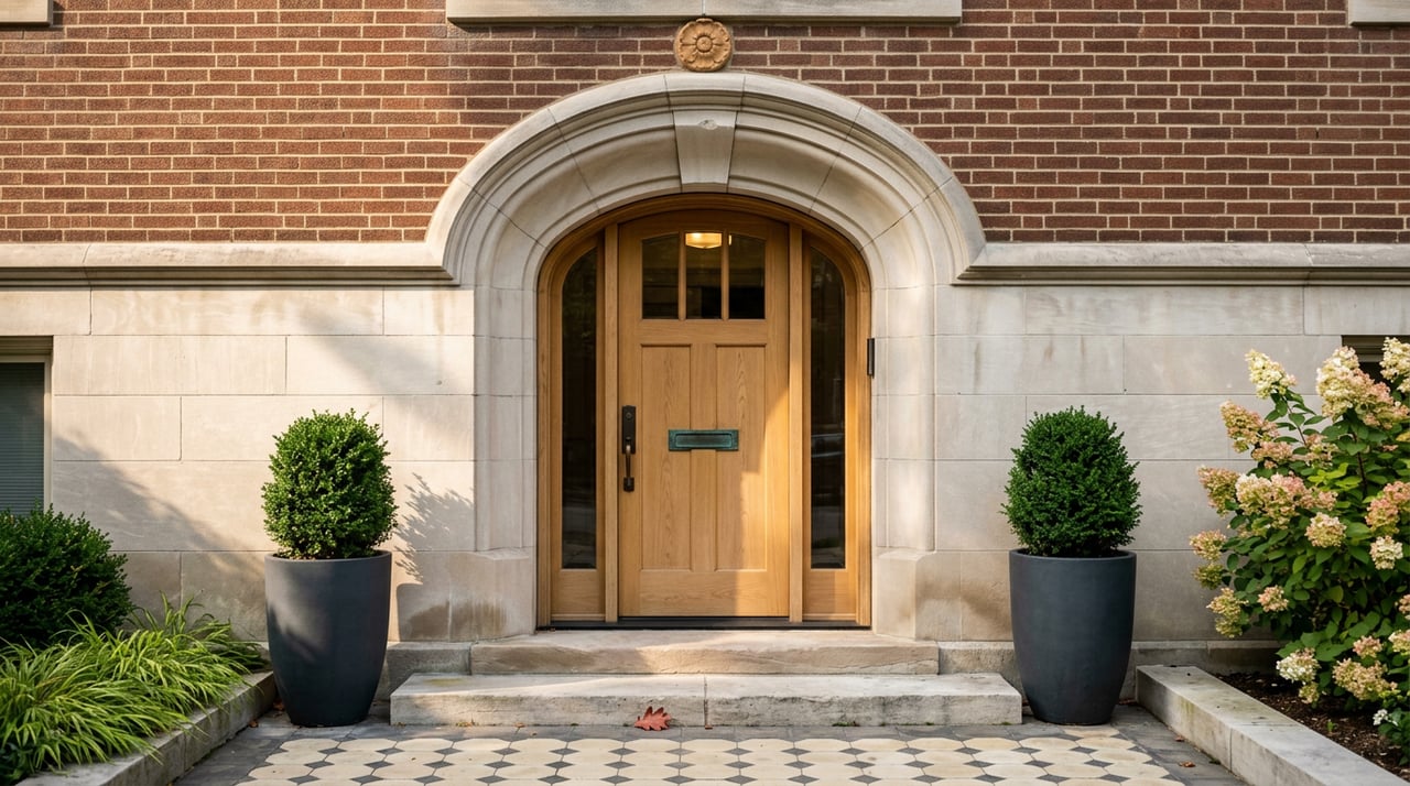 Arched limestone apartment entry with an oak double door, brick facade, and clipped topiary in charcoal planters.