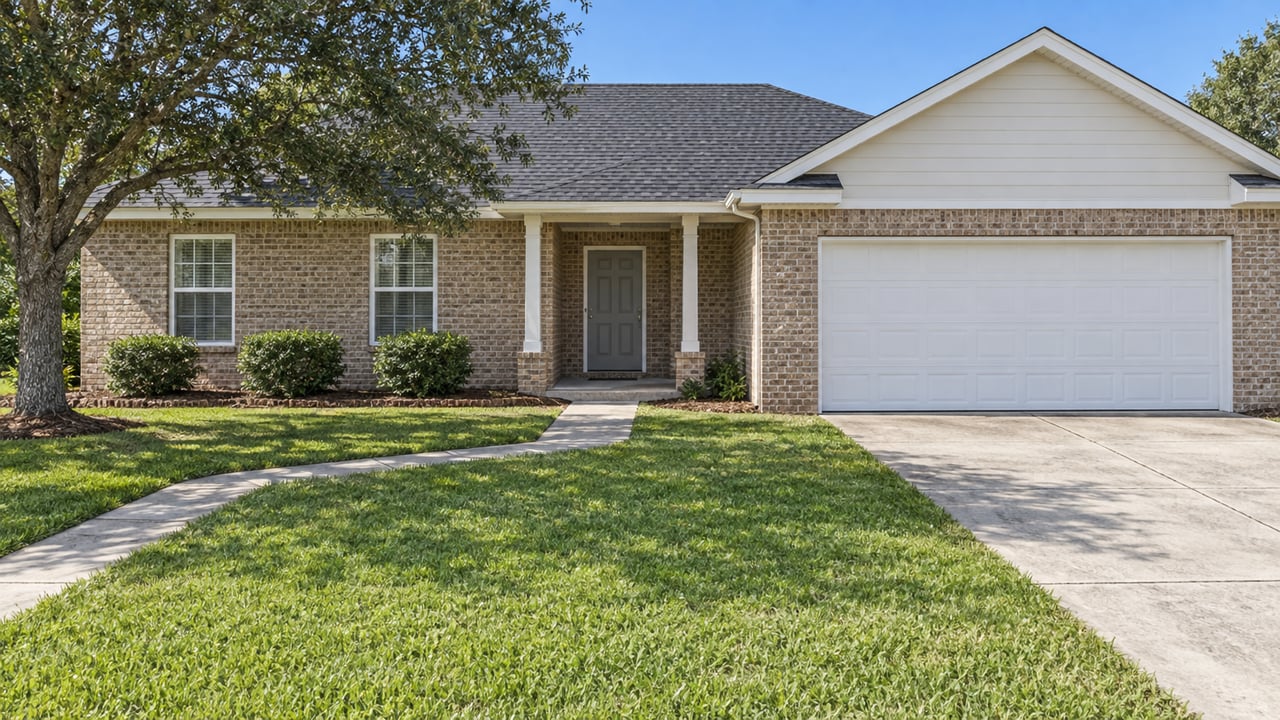 Single-story tan brick home with white trim, a two-car garage, covered entry and broad green front lawn in clear daylight.