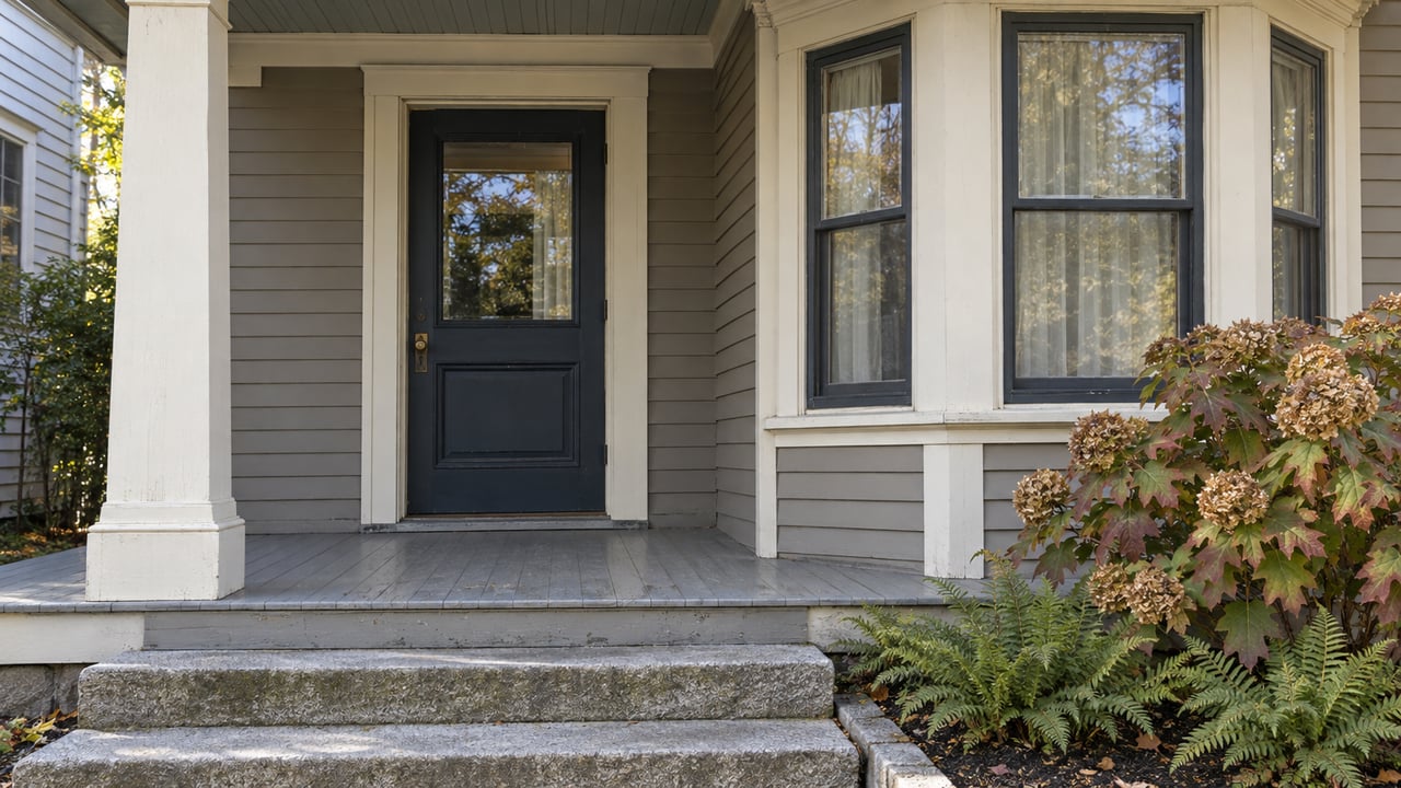 Gray clapboard home with a navy glazed entry door, ivory porch trim, granite steps and autumn oakleaf hydrangea beside a bay window.