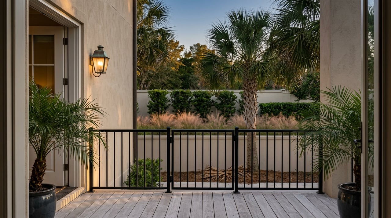 Balcony with black iron railing overlooking a walled garden, palm trees, and clipped hedges at dusk.