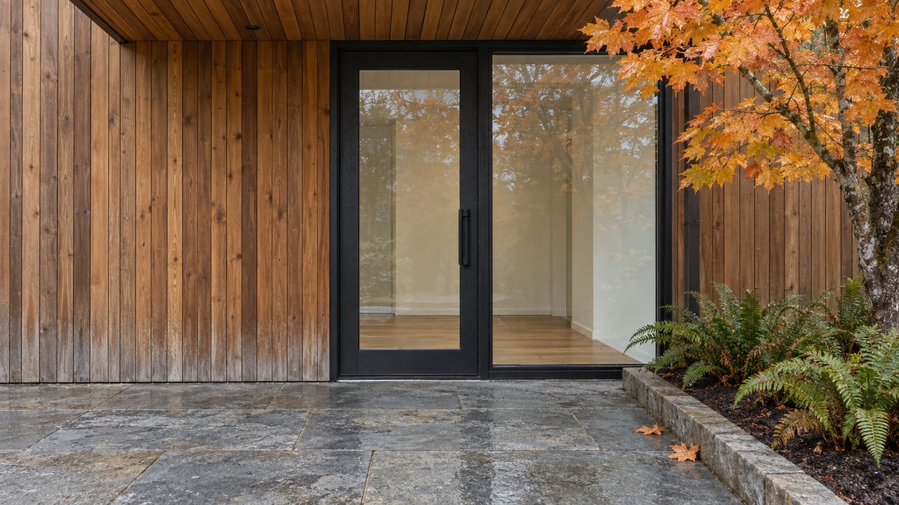 Contemporary cedar entry with black-framed glass, a blue-gray stone landing and amber maple leaves beneath a wood-lined canopy.