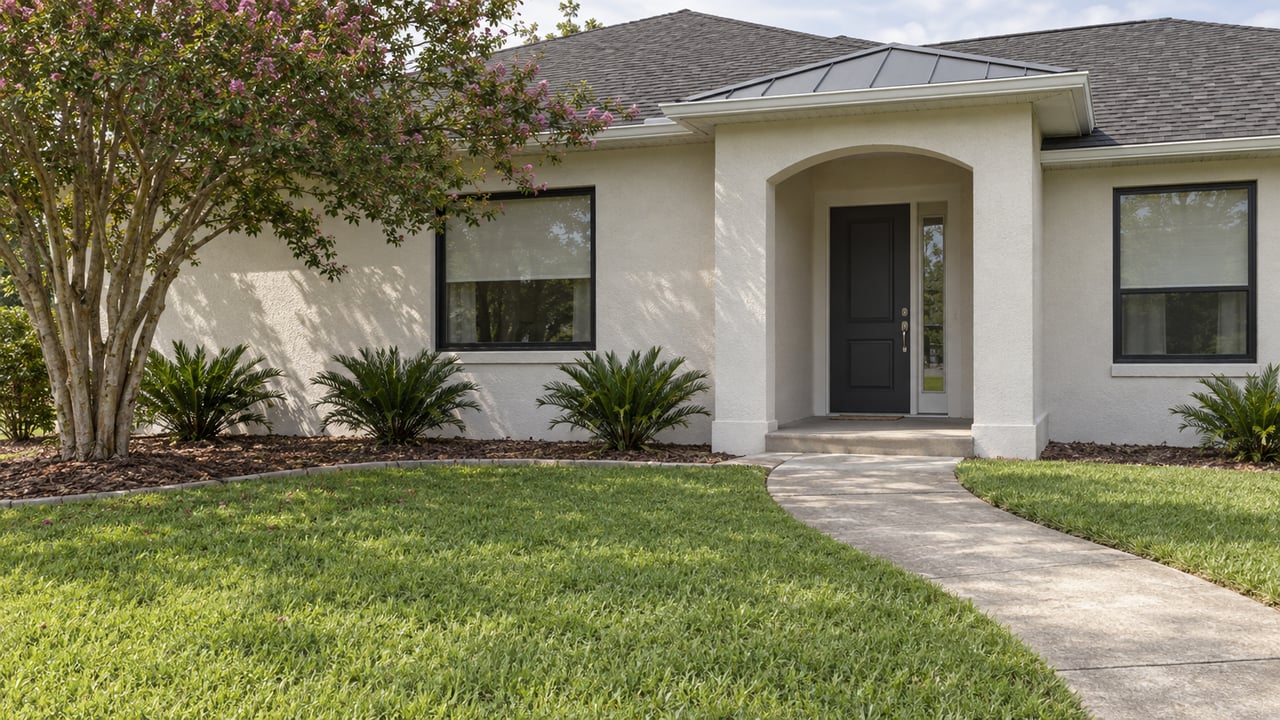 A well-kept single-story stucco home with a sheltered arched entry, black-framed windows, deep front lawn and curved concrete walk.