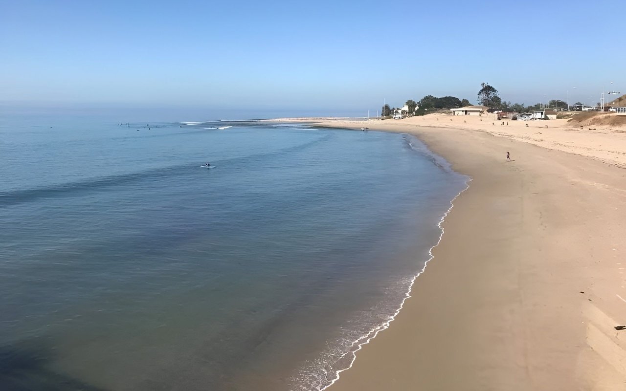 Sandy beach curving beside calm blue water, with a few surfers and buildings along the distant shore.