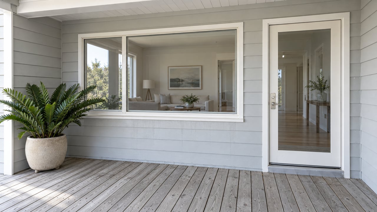 Pale gray siding and ivory-framed glazing above weathered pine porch decking, with one coontie plant in a ceramic pot.