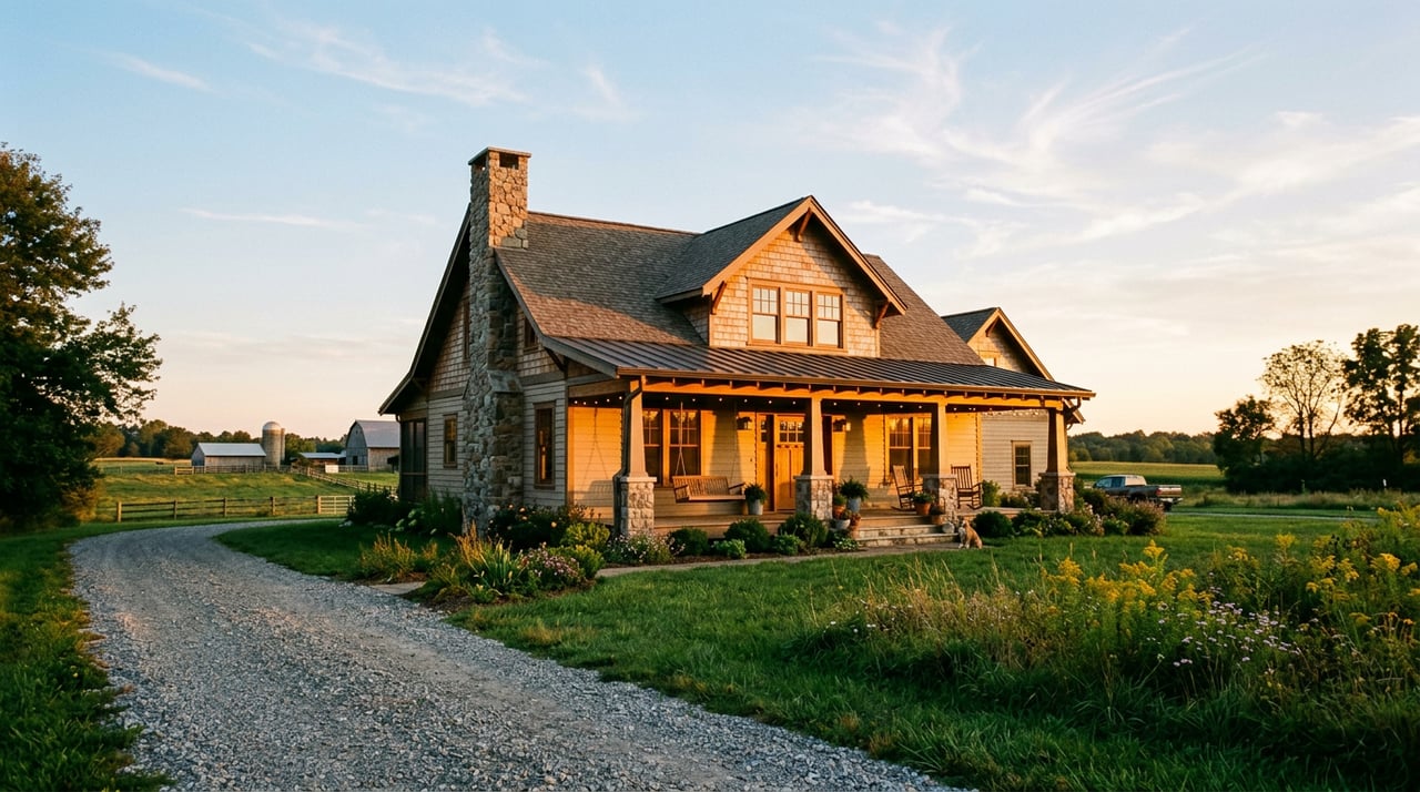 Craftsman farmhouse with a deep covered porch and stone base, beside a gravel drive and open meadow.
