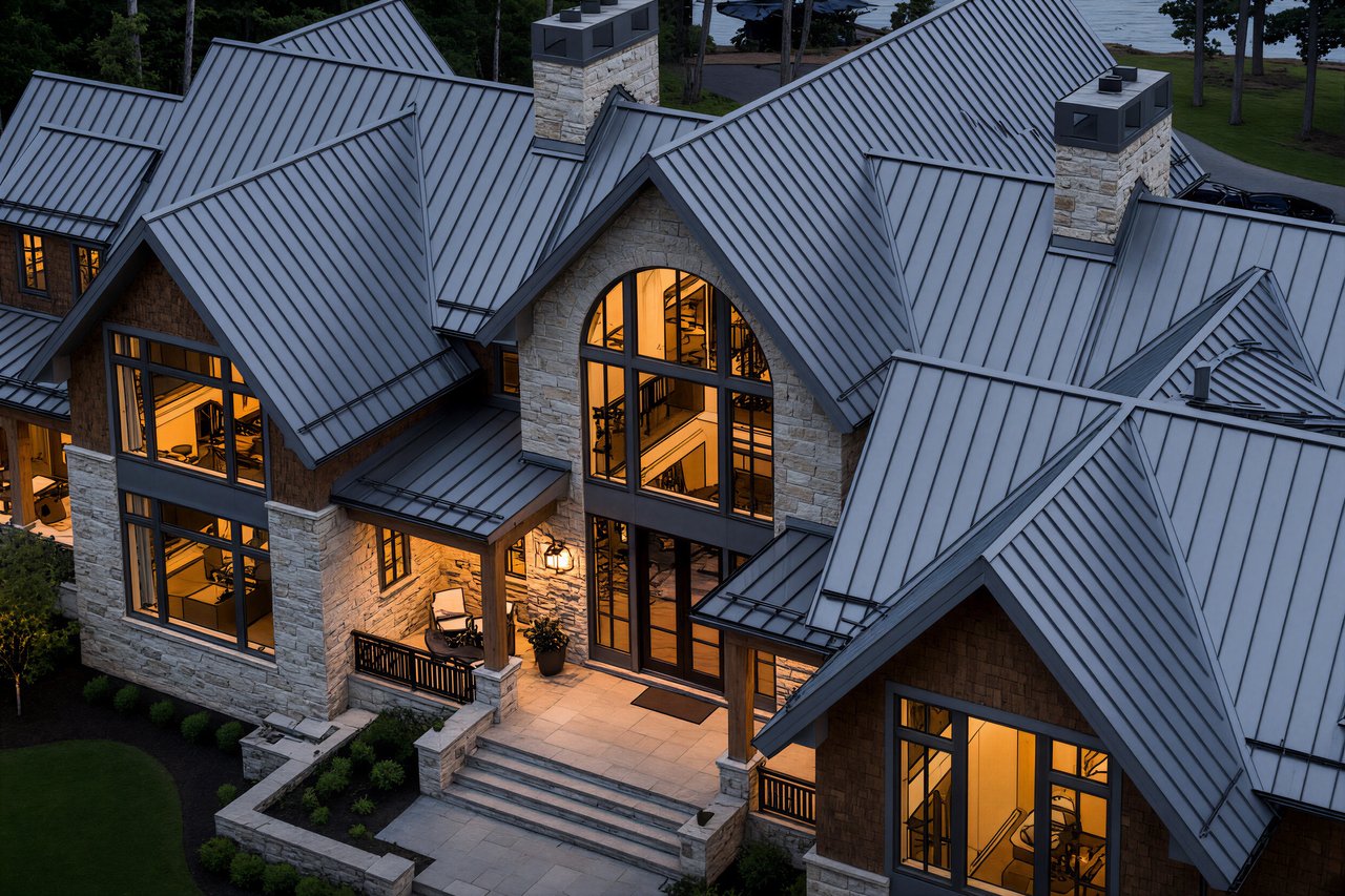 Stone house with intersecting metal roofs and warmly lit windows at dusk.