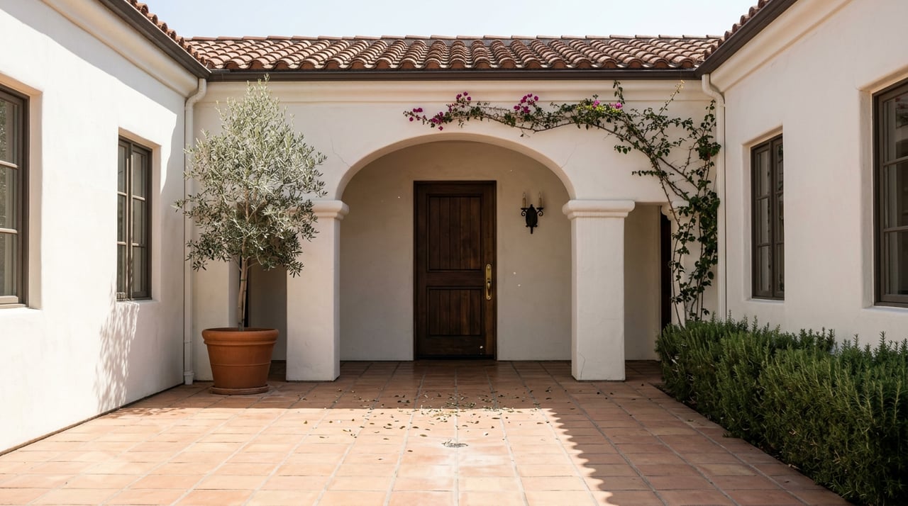 Boutique hotel courtyard with a white stucco arch, dark wood door, terracotta tiles, and an olive tree.