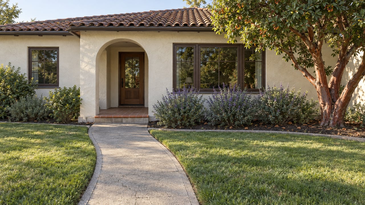 Ivory stucco home with a clay-tile roof, arched porch and established front garden in soft morning light.