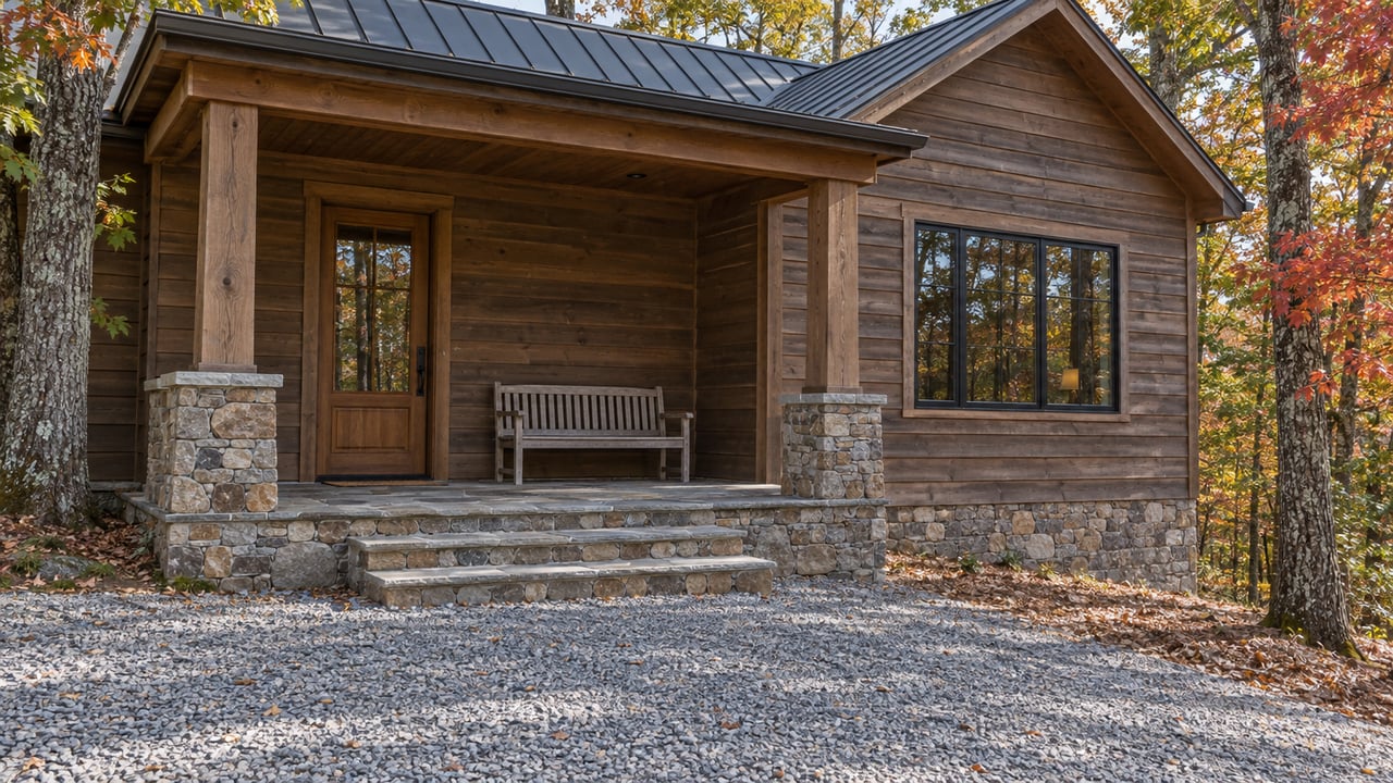 Timber cabin with a covered stone porch, closed glazed entry and black-framed window beside mature autumn hardwoods.