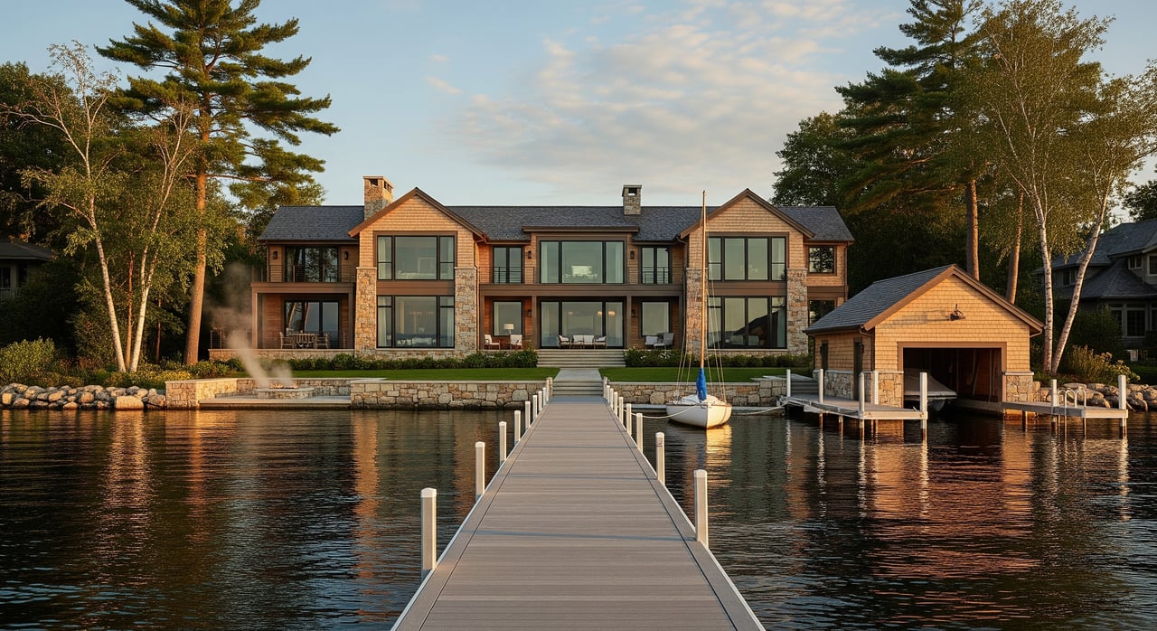 Large stone-and-wood lakeside house behind a long dock, with a boathouse and pine trees.