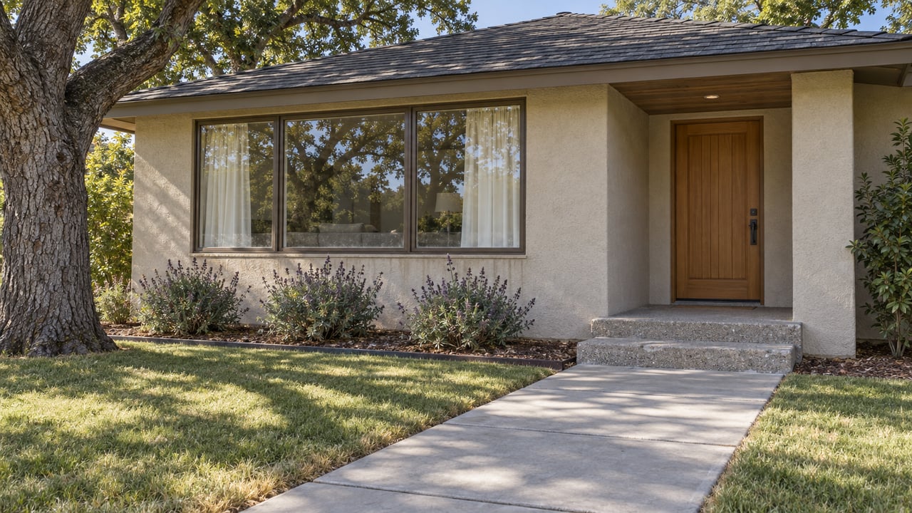 A single-story stucco home with a recessed timber entrance, broad windows and a concrete path through an oak-shaded front lawn.
