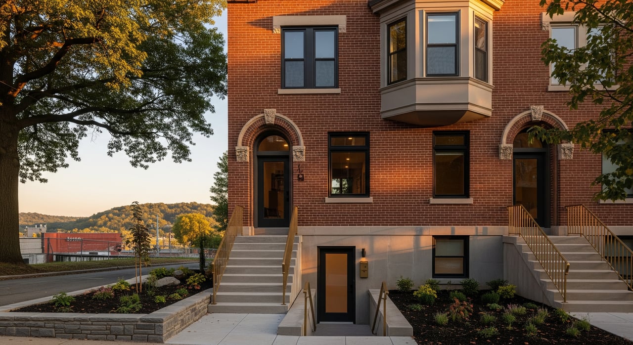 Red-brick rowhouse with stone-trimmed arched entrances, broad steps, and a projecting bay window.