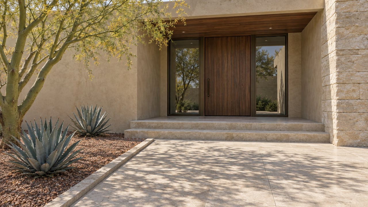 Sunlit stone approach to a recessed wood-and-glass entry, with warm stucco, a green-trunk tree and two sculptural agaves.