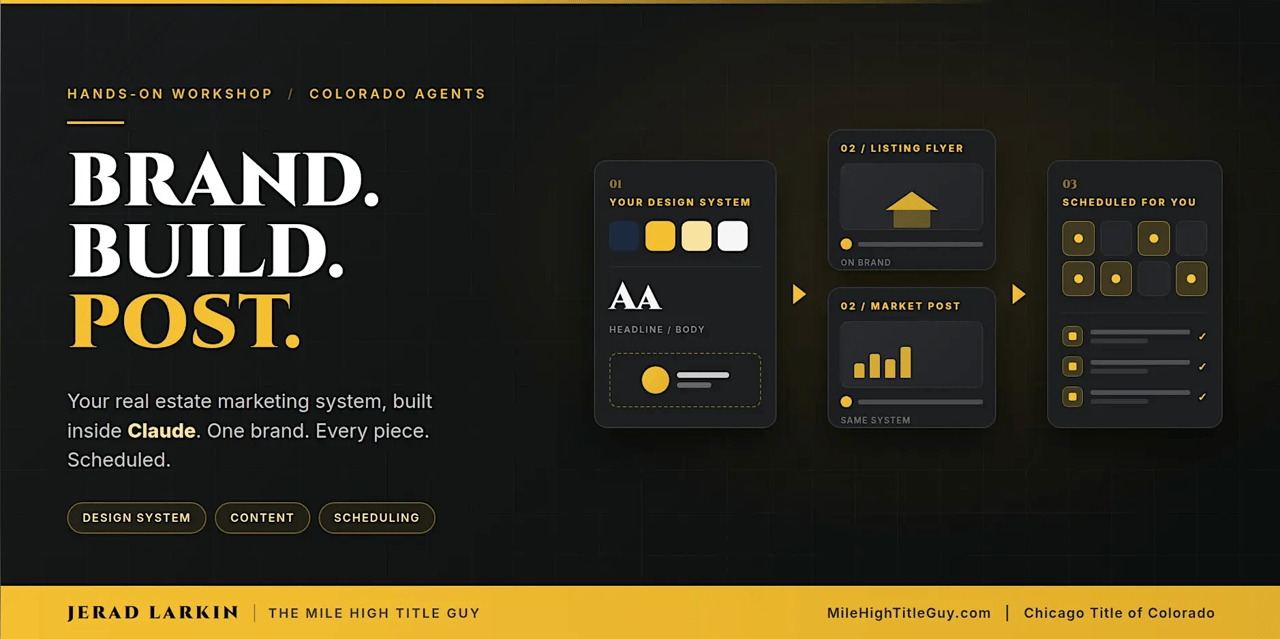 Hands-on workshop graphic: “Brand. Build. Post.” with examples of design, real estate marketing content, and scheduling.