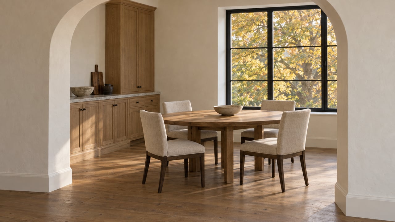 An arched plaster opening frames a residential dining alcove with an oval oak table, four linen chairs, fitted oak cabinets and a black-framed window overlooking autumn maple foliage.