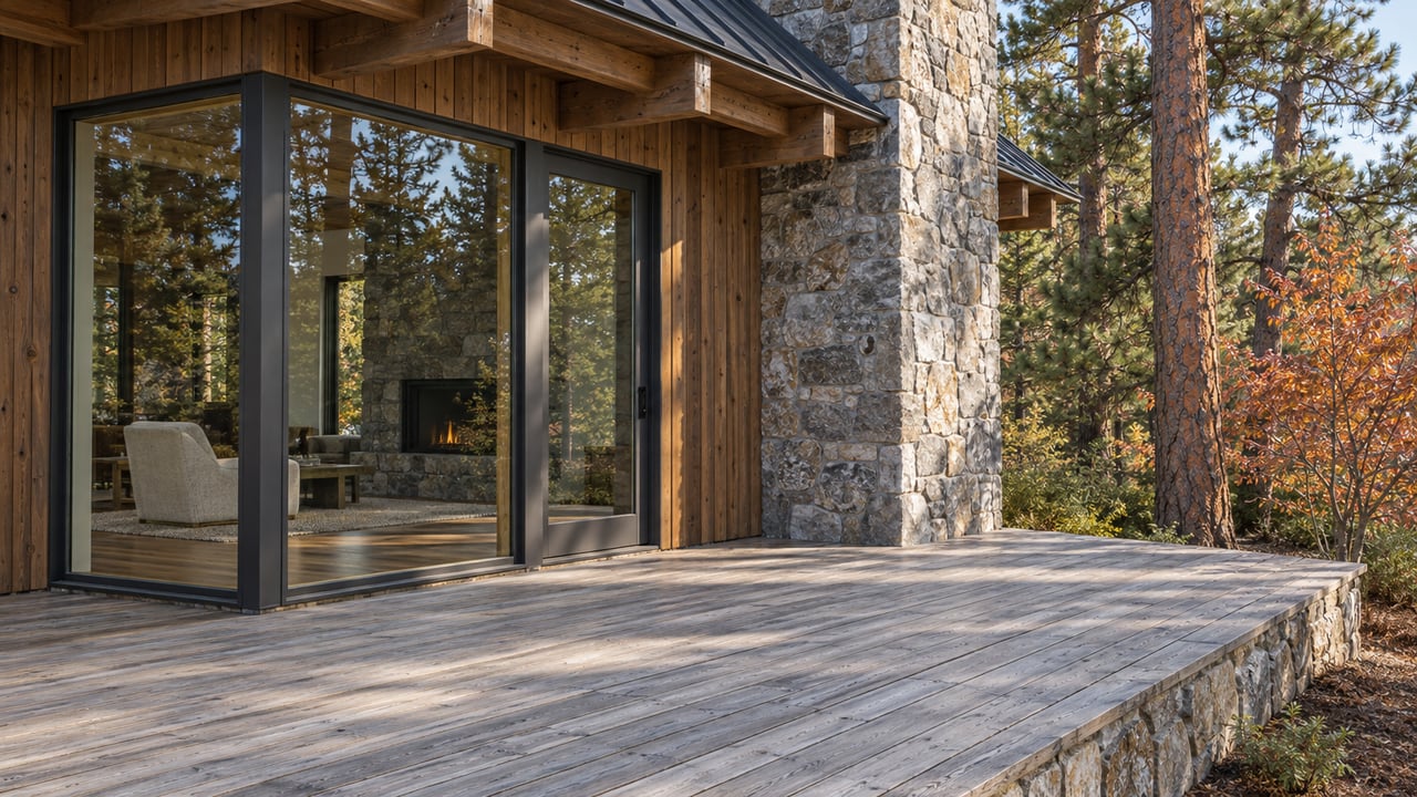 Weathered cedar deck beside a timber-and-stone home with large glazed windows and mature ponderosa pines.