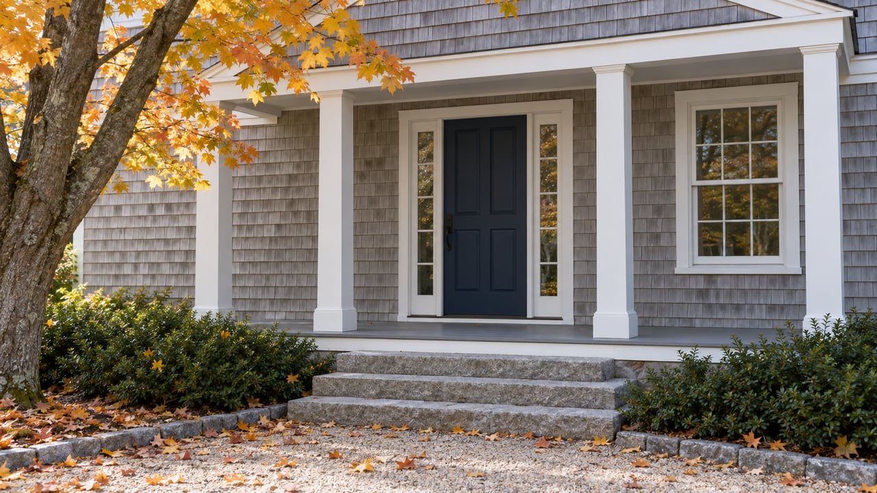 Shingle-style house entry with a navy paneled door, granite steps, and a maple with gold-orange leaves.