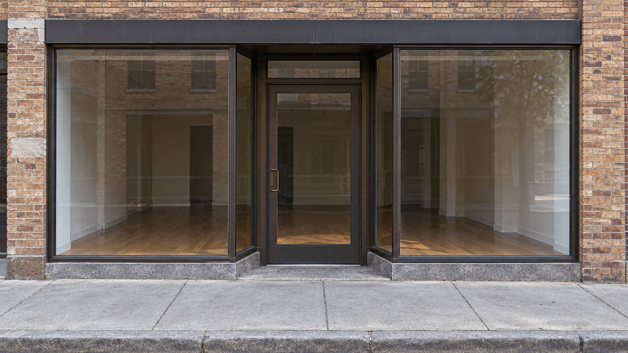Historic storefront with broad glass windows, a recessed entry, tan brick piers, and a worn concrete sidewalk.