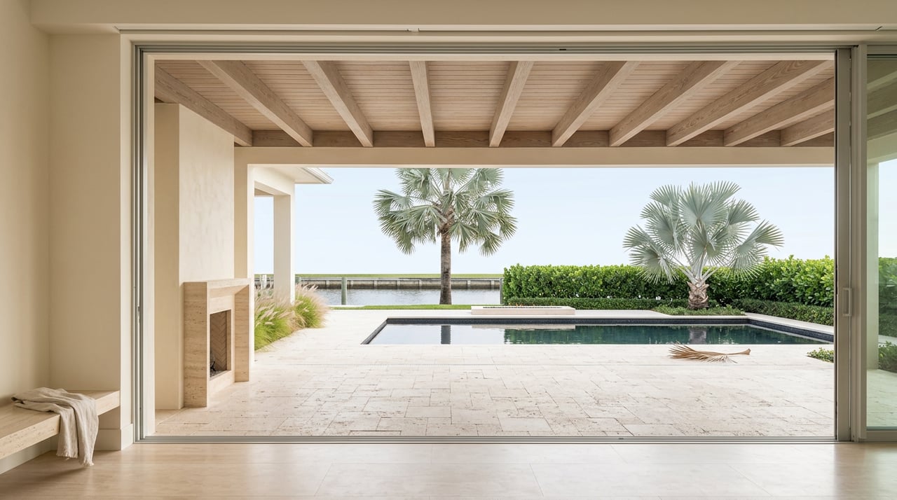 A great room opens onto a cypress-beamed lanai, dark pool, and centered palm.