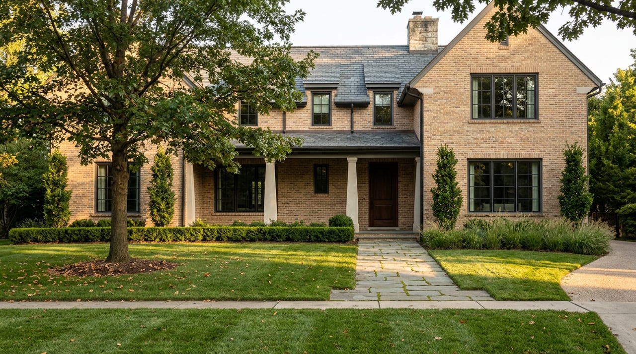 Two-story brick house with stone chimney and covered entry beyond a flagstone path and lawn.