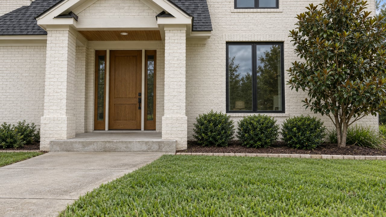 White brick home with a charcoal porch gable, oak front door, black-framed window and a concrete approach across a green lawn.